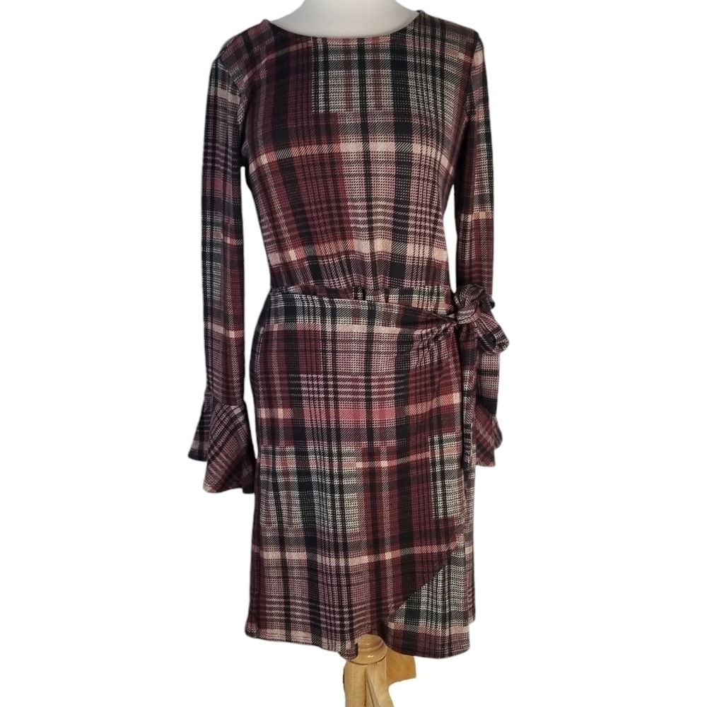 Cato Plaid Wrap Dress Long Bell Sleeves Size M